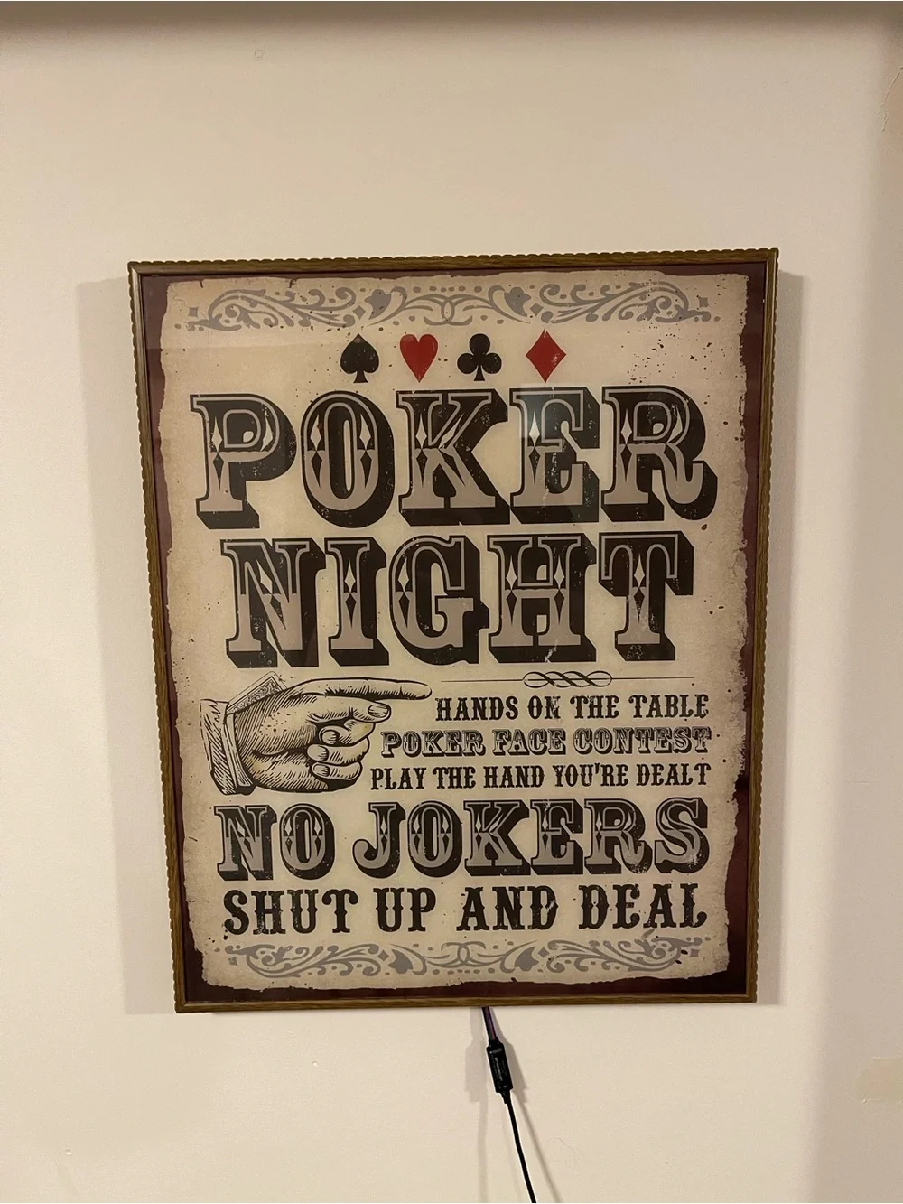 Poker Night LED Wall Sign - Vintage Style Black & Cream. Perfect for a Man Cave.